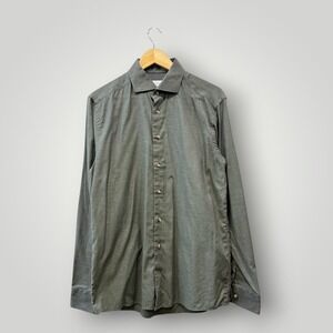 Eton Slim Fit Dress Shirt Mens 42 16.5 L Olive Green Herringbone Cotton